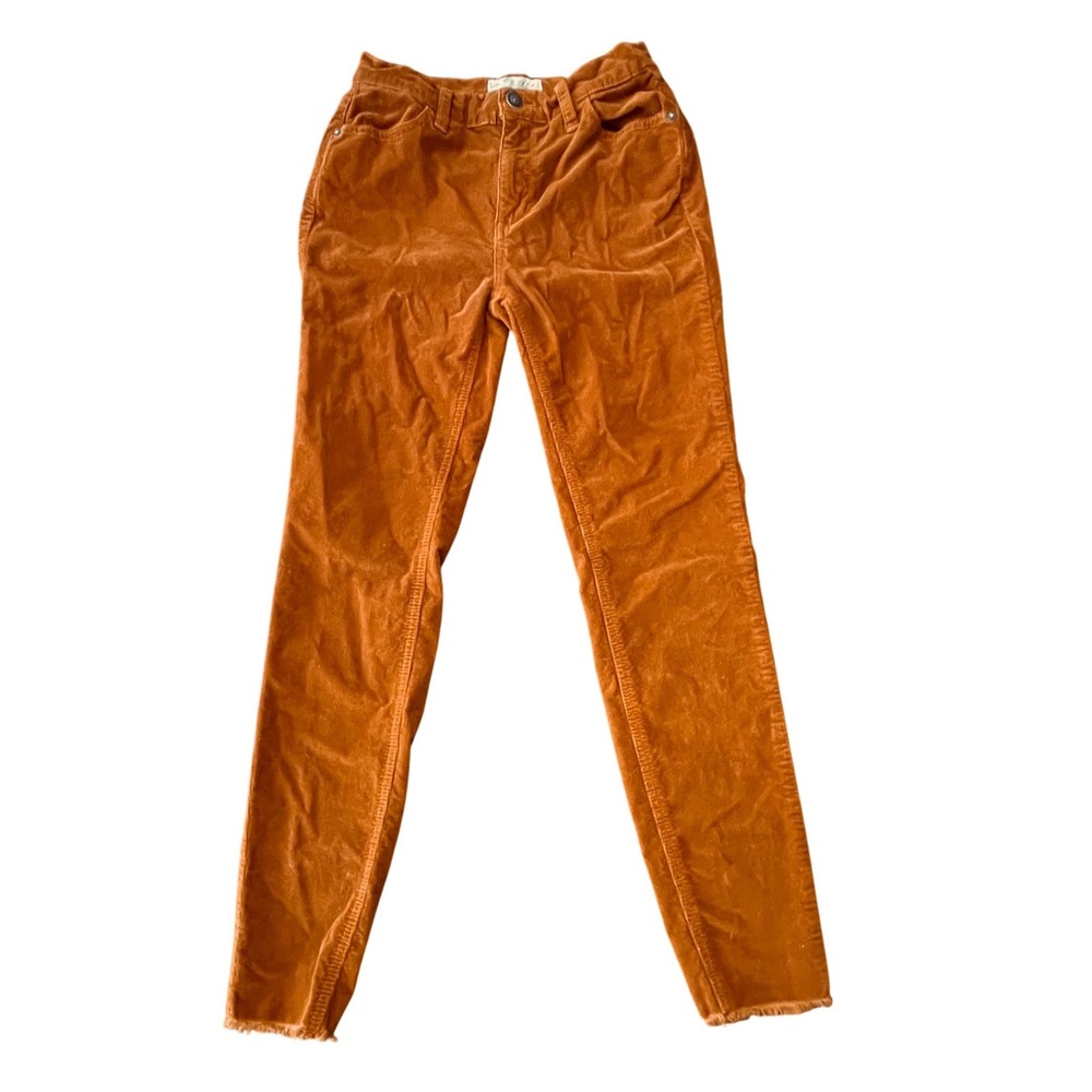 Free People We The Free Skinny Corduroy Pants Burnt Orange Rust Raw Hem Size 26